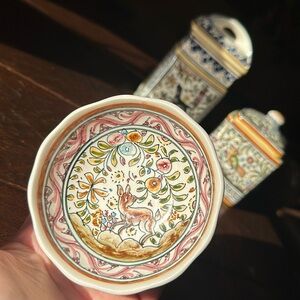 🇵🇹 Ceramicas De Caimbra hand painted 4” bowl from Portugal. Pink/yellow/green